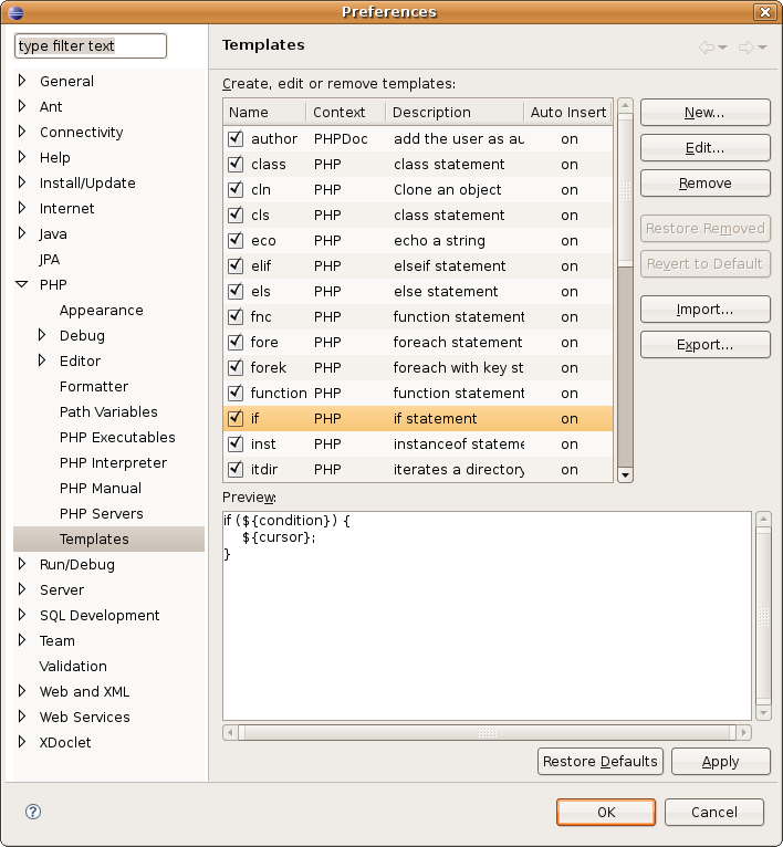 Liste de templates actifs dans PDT